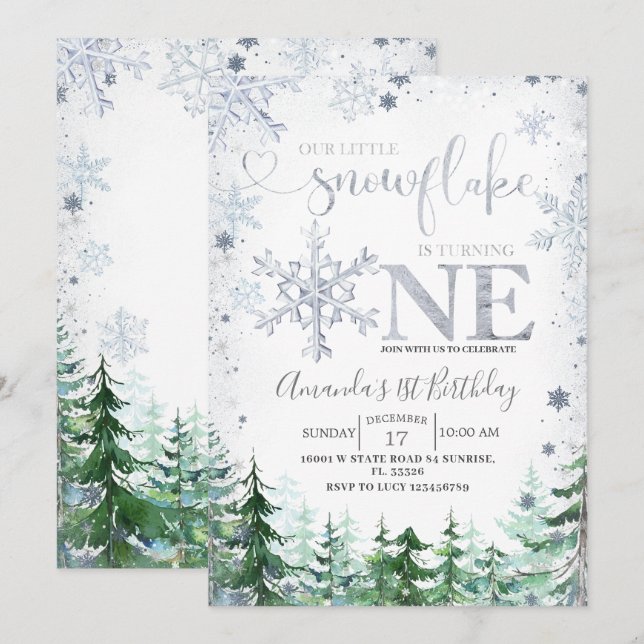 Invitación Plata Nuestro pequeño Copo de Nieve Cumpleaños Bos (Anverso / Reverso)