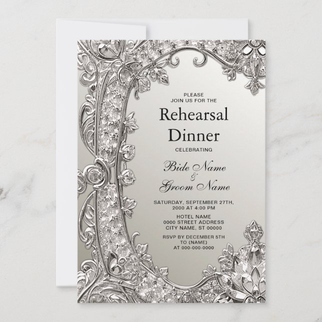 Invitación Plata Ornate Moderno Ensayo Cena (Anverso)