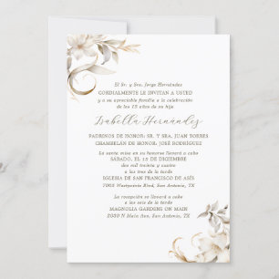 Invitación Plata, Oro y Floral Blanca