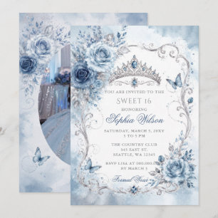 Invitación Plata Polvo Azul Floral Mariposa Dulce 16 Foto