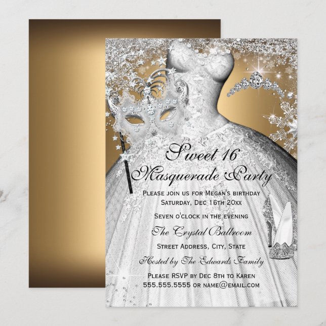Invitación Plata Princesa de Oro Dulce Masquerade 16 Invitaci (Anverso / Reverso)