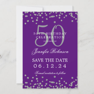 Invitación Plata Púrpura 50 Cumpleaños Guardar fecha Confetti