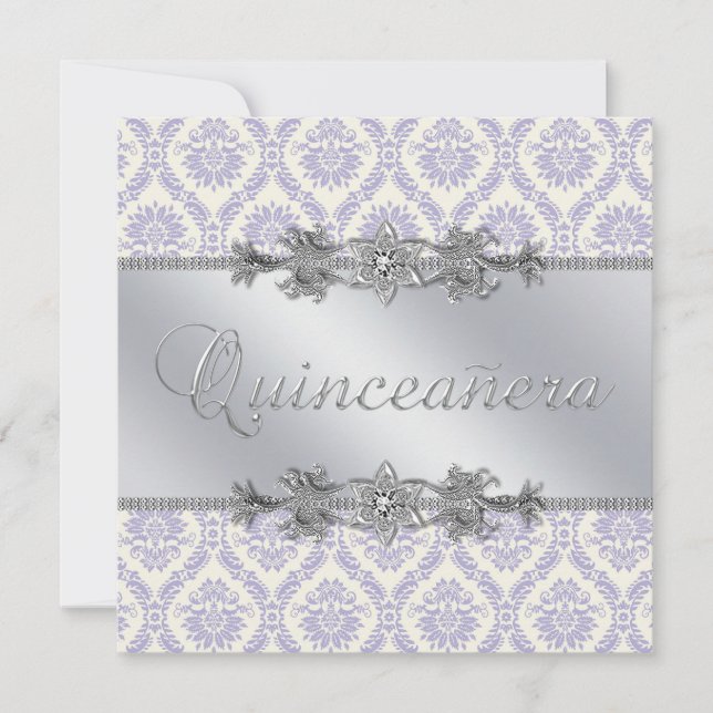 Invitación Plata Púrpura Damasco Quinceañera (Anverso)