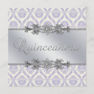 Invitación Plata Púrpura Damasco Quinceañera