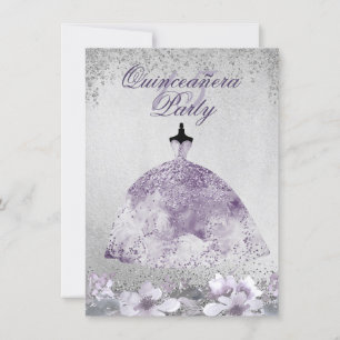 Invitación Plata Púrpura Esparkle Vestido Floral Quinceanera