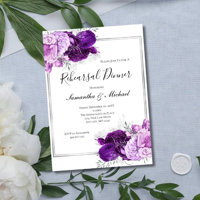 Invitación Plata Púrpura Floral Elegante Cena (Purple Silver Floral Elegant Wedding Rehearsal Dinner Invitation. Printed  Instant digital download)