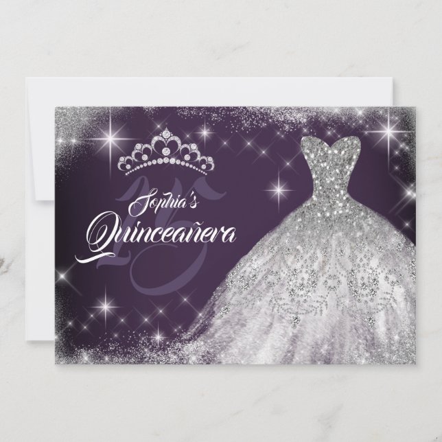 Invitación Plata Púrpura Lazo Diamante Gown Tiara Quinceanera (Anverso)