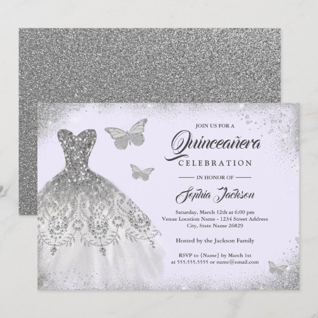 Invitación Plata Púrpura Vestido Mariposa Quinceanera (Anverso / Reverso)