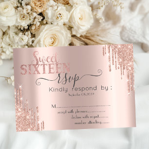 Invitación Plata Purpurina Drips Rosa Gold Sweet 16 RSVP