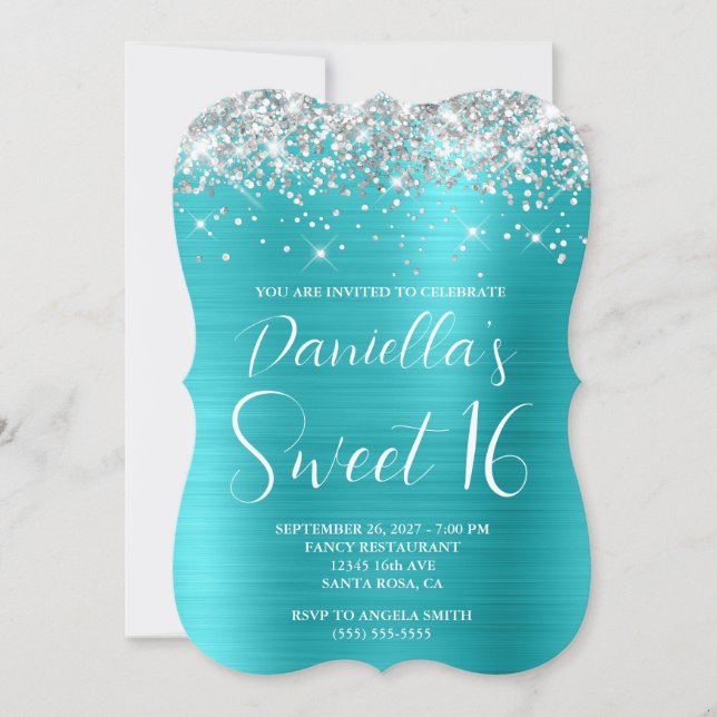 Invitación Plata Purpurina Turquesa Azul Lujoso Dulce 16 (Anverso)