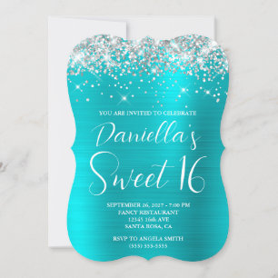 Invitación Plata Purpurina Turquesa Azul Lujoso Dulce 16