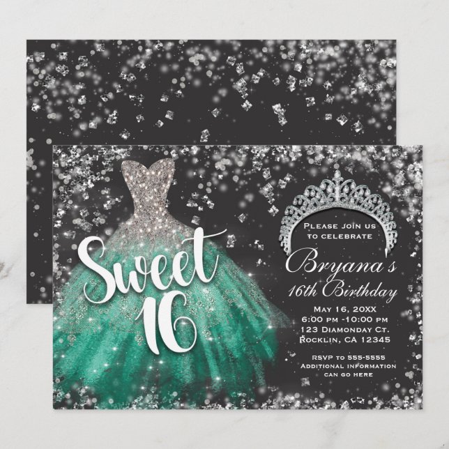 Invitación Plata Purpurina Vestido Verde azulado Tiara Dulce  (Anverso / Reverso)