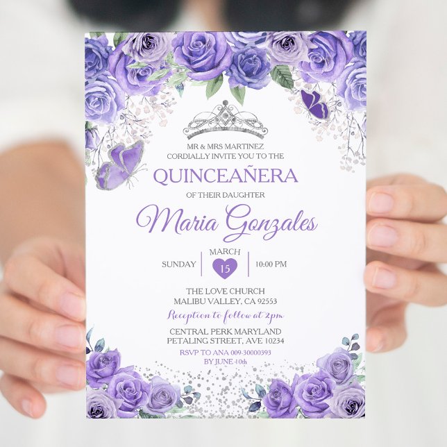 Invitación Plata Quinceañera Morada Corona Mariposa Mexicana (Subido por el creador)
