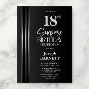 Invitación Plata Rayado de Negro Gris Cumpleaños Sorpresa 18