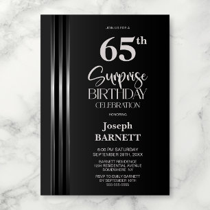 Invitación Plata Rayado Negro Gris Cumpleaños Sorpresa 65th