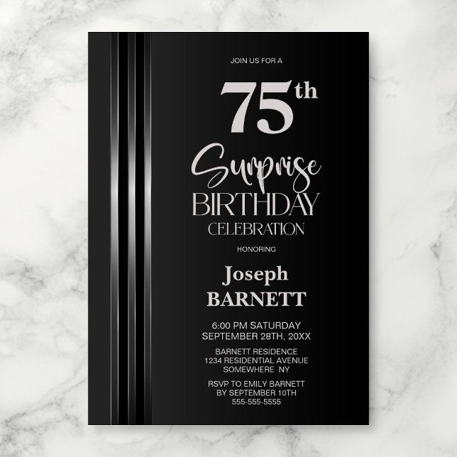 Invitación Plata Rayado Negro Gris Cumpleaños Sorpresa 75 (Subido por el creador)