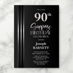 Invitación Plata Rayado Negro Gris Cumpleaños Sorpresa 90th<br><div class="desc">Haz que la sorpresa sea inolvidable con esta elegante invitación para una fiesta de cumpleaños número 90 con rayas plateadas y detalles en negro y gris. Las plantillas de texto personalizables te permiten agregar el nombre del invitado de honor, los detalles de la fiesta secreta y el lugar con facilidad....</div>