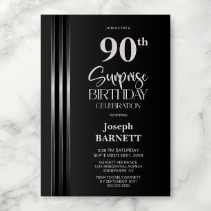Invitación Plata Rayado Negro Gris Cumpleaños Sorpresa 90th