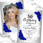 Invitación Plata Real Foto Azul Elegante 50 cumpleaños<br><div class="desc">Elegante invitación de 50 años floral femenina con tu foto al fondo de la tarjeta. Diseño de vidrio con plata falsa. Presenta rosas de color azul real, fuente de escritura y confeti. Perfecto para un elegante fiesta de celebración de cumpleaños. Personaliza con tus propios detalles. ¡Se puede personalizar para cualquier...</div>