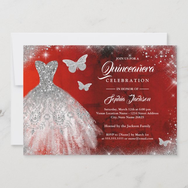 Invitación Plata Roja Sparkke Vestido Mariposa Quinceanera (Anverso)