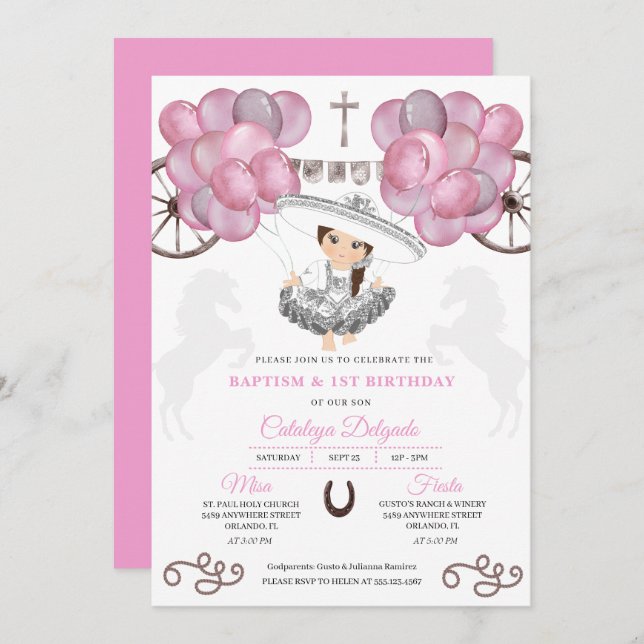 Invitación Plata Rosa Bebé Mexicano Charra Globos Bautismo (Anverso / Reverso)