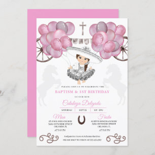 Invitación Plata Rosa Bebé Mexicano Charra Globos Bautismo