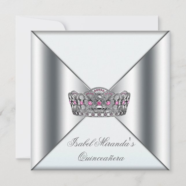 Invitación Plata rosa blanca Tiara Quinceanera 15ª Fiesta (Anverso)