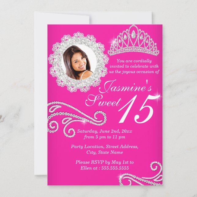 Invitación Plata Rosa Caliente Diamante Tiara Foto Quinceaner (Anverso)