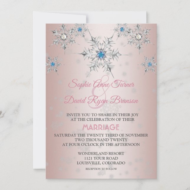 Invitación Plata rosa Copos de nieve Cristales Boda de Perla  (Anverso)