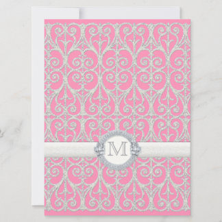 Invitación Plata rosa, diamantes y encaje, Boda monogramado