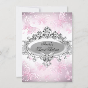 Invitación Plata Rosa Esparkle Mariposa Dulce Dieciséis