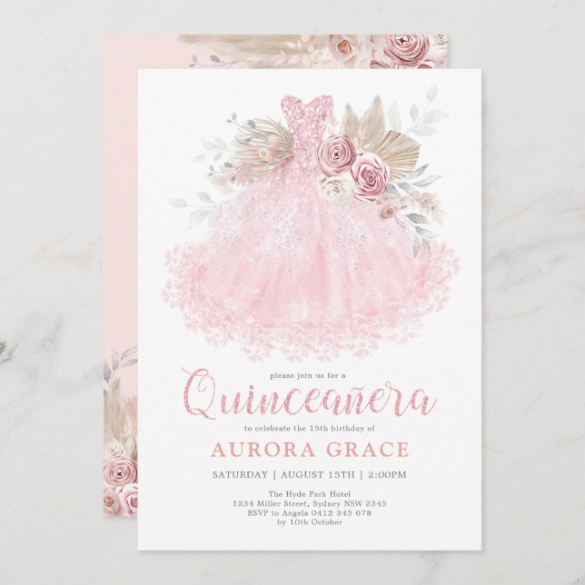Invitación Plata Rosa Quinceañera Dress Mis Quince Años (Anverso / Reverso)