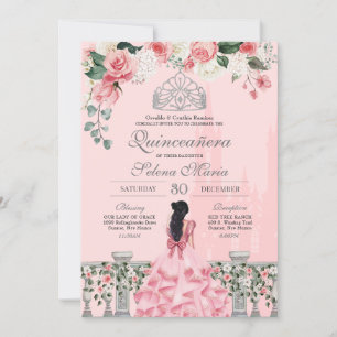 Invitación Plata rosa Rubor Tiara Real Princesa Quinceañera