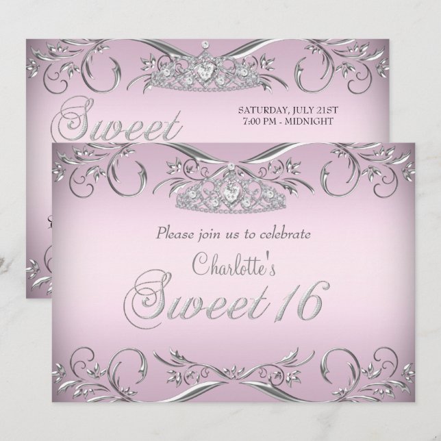 Invitación Plata Rosa Tiara Sweet 16 Cumpleaños (Anverso / Reverso)