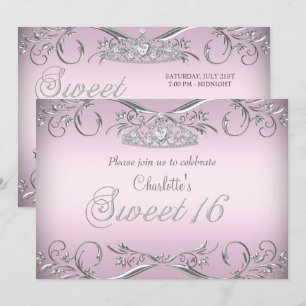 Invitación Plata Rosa Tiara Sweet 16 Cumpleaños