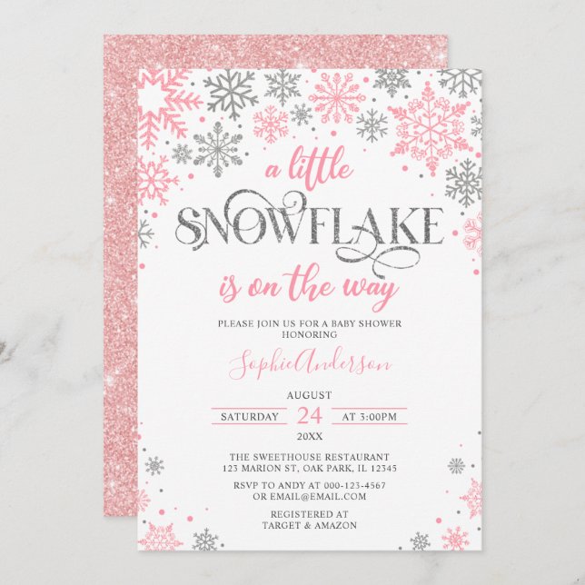 Invitación Plata Rosa Un Pequeño Snowflake Baby Shower Invier (Anverso / Reverso)