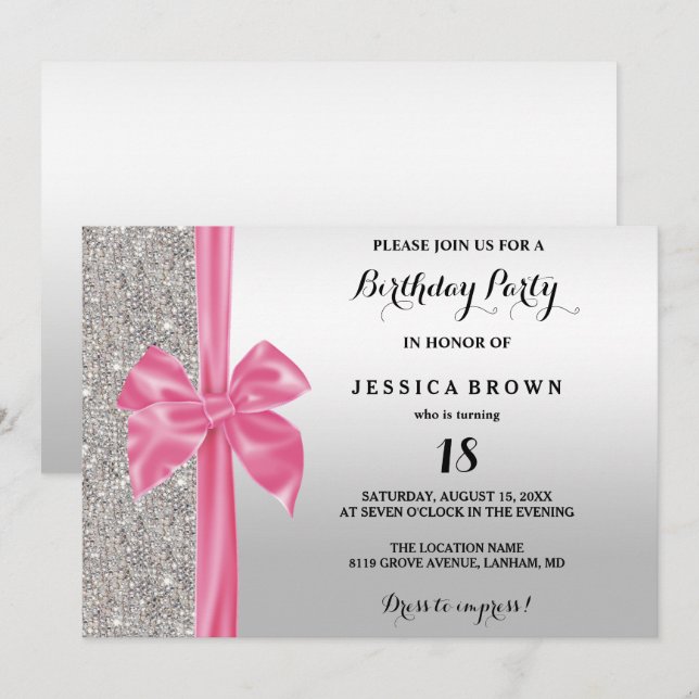 Invitación Plata rosada de seda en el 18 aniversario (Anverso / Reverso)