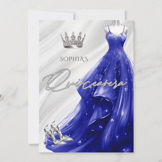 Invitación Plata Royal Blue Sparkle Dress Quinceañera (Anverso)