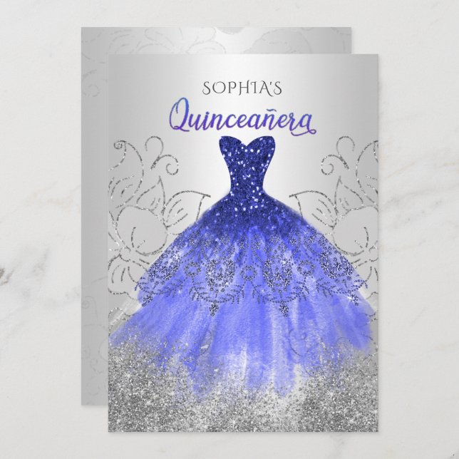 Invitación Plata Royal Blue Sparkle Dress Quinceañera (Anverso / Reverso)