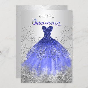 Invitación Plata Royal Blue Sparkle Dress Quinceañera