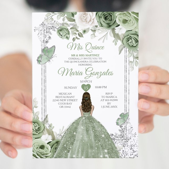 Invitación Plata Sage Green Mis Quince 15 Anos Mariposa (Subido por el creador)