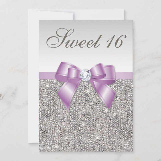 Invitación Plata Secuencias Lilac Faux Bow Sweet 16 (Anverso)