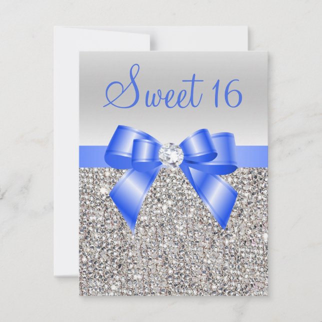 Invitación Plata Secuencias Royal Blue Bow Sweet 16 (Anverso)