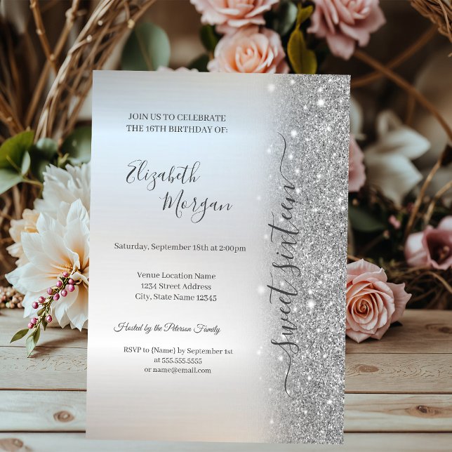 Invitación Plata simple Purpurina Plata Dulce 16 (Subido por el creador)