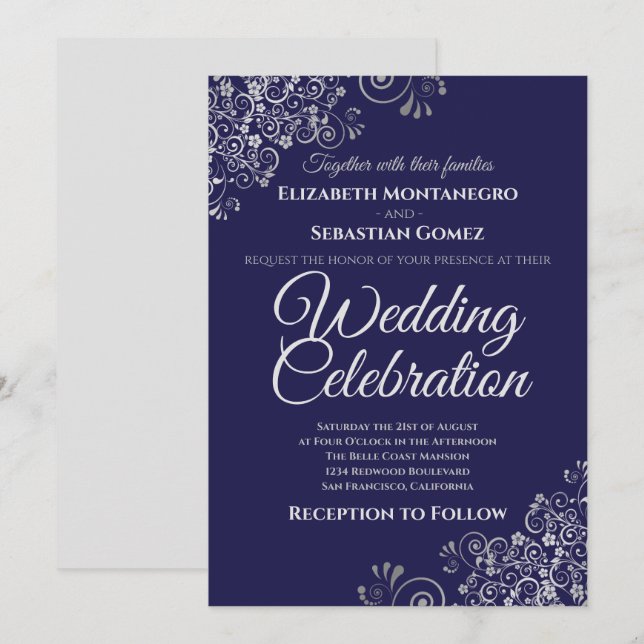 Invitación Plata sobre la boda azul simple y elegante de la M (Anverso / Reverso)