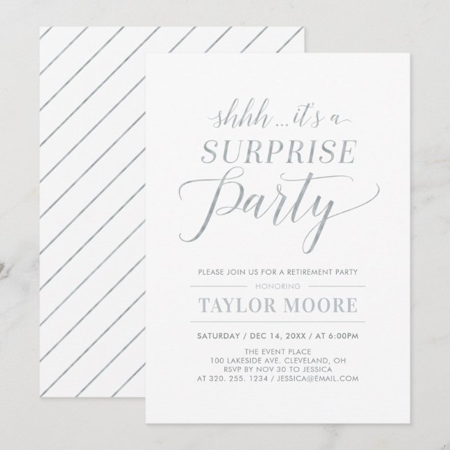 Invitación Plata | Sorpresa Moderna Simple para Fiesta de Jub (Anverso / Reverso)