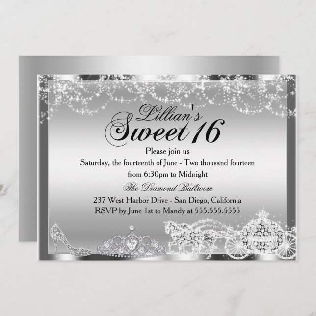 Invitación Plata Sparkle Princess Tema Dulce 16 Invite (Anverso / Reverso)