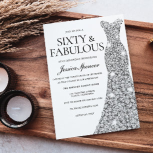 Invitación Plata Sparkle Vestido 60 y fabuloso cumpleaños 60