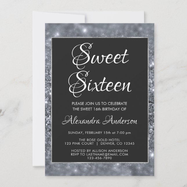 Invitación Plata Sparkly Purpurina Sweet 16 Cumpleaños (Anverso)