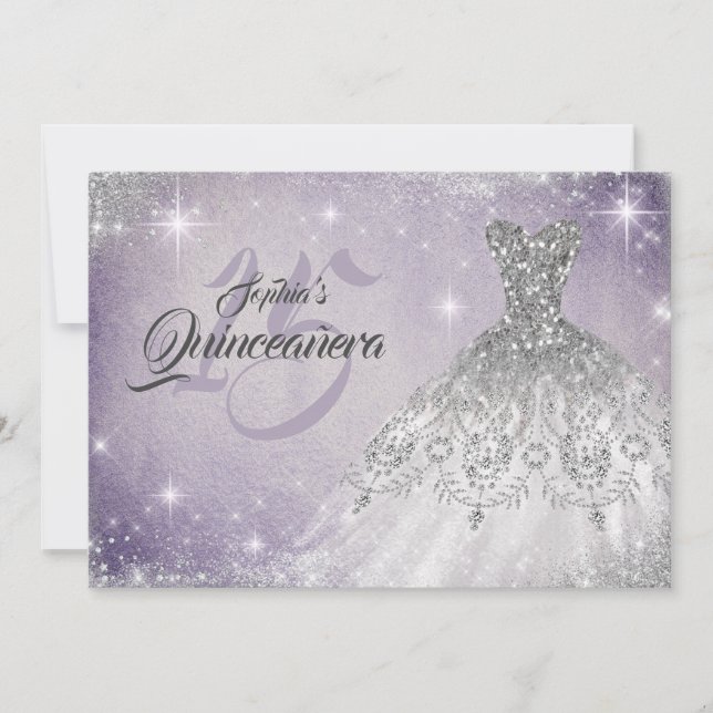 Invitación Plata Suave Lazo Púrpura Diamante Gown Quinceanera (Anverso)